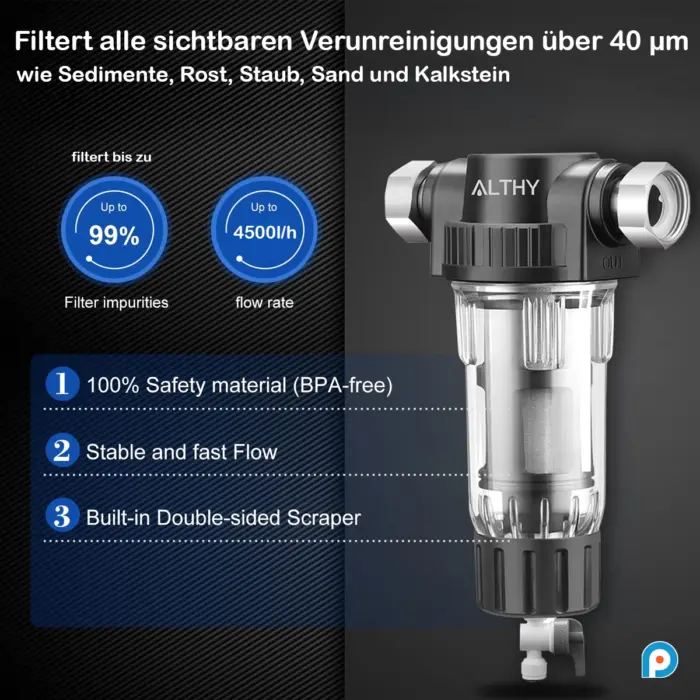 ALTHY Spin Down Vorfilter für die Hauswasseranlage mit Rückspülung und Edelstahlgewebeeinsatz – Bild 2